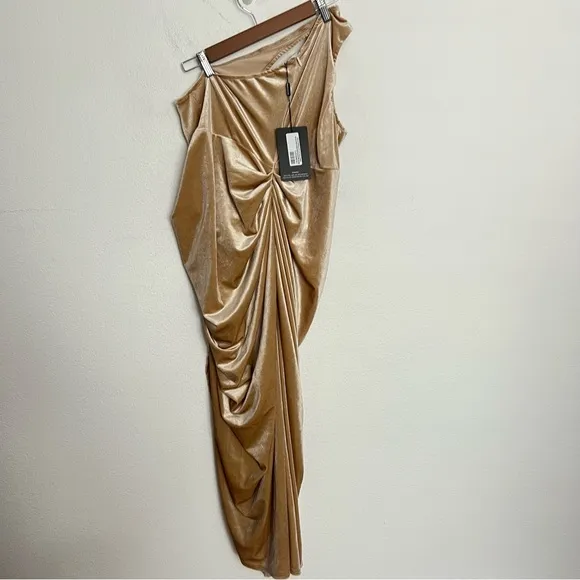 NWT PrettyLittleThing Maternity Nude Velvet Asymmetric Bodycon Midi Dress 10