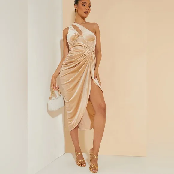 NWT PrettyLittleThing Maternity Nude Velvet Asymmetric Bodycon Midi Dress 10