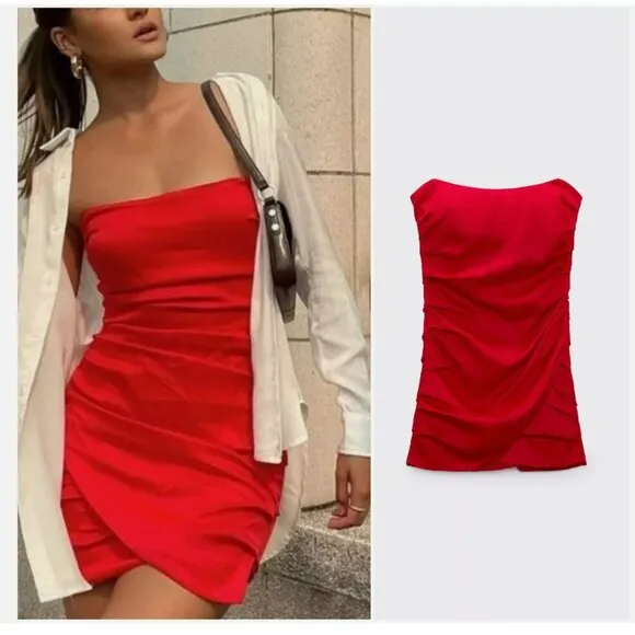 NWT ZARA MINI OFF-SHOULDER SATIN-FINISH DRESS DRAPED RED BLOGGERS FAVE