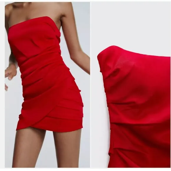 NWT ZARA MINI OFF-SHOULDER SATIN-FINISH DRESS DRAPED RED BLOGGERS FAVE