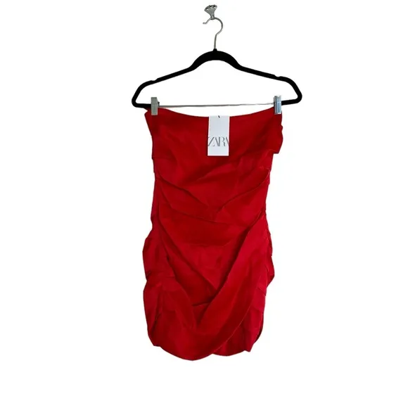 NWT ZARA MINI OFF-SHOULDER SATIN-FINISH DRESS DRAPED RED BLOGGERS FAVE