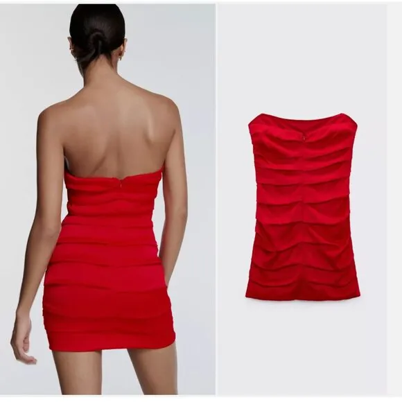 NWT ZARA MINI OFF-SHOULDER SATIN-FINISH DRESS DRAPED RED BLOGGERS FAVE
