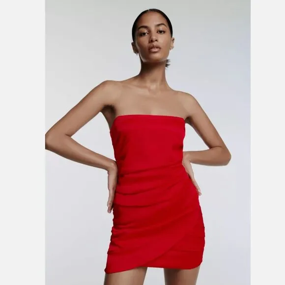 NWT ZARA MINI OFF-SHOULDER SATIN-FINISH DRESS DRAPED RED BLOGGERS FAVE