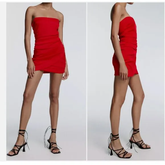NWT ZARA MINI OFF-SHOULDER SATIN-FINISH DRESS DRAPED RED BLOGGERS FAVE