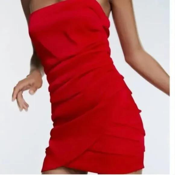 NWT ZARA MINI OFF-SHOULDER SATIN-FINISH DRESS DRAPED RED BLOGGERS FAVE
