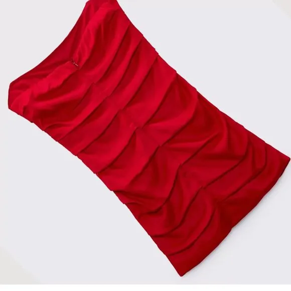NWT ZARA MINI OFF-SHOULDER SATIN-FINISH DRESS DRAPED RED BLOGGERS FAVE