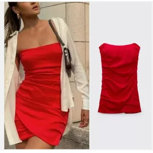 NWT ZARA MINI OFF-SHOULDER SATIN-FINISH DRESS DRAPED RED BLOGGERS FAVE