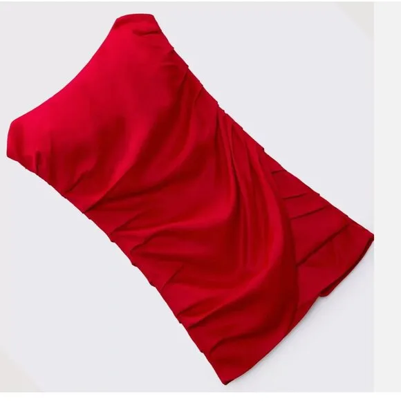 NWT ZARA MINI OFF-SHOULDER SATIN-FINISH DRESS DRAPED RED BLOGGERS FAVE