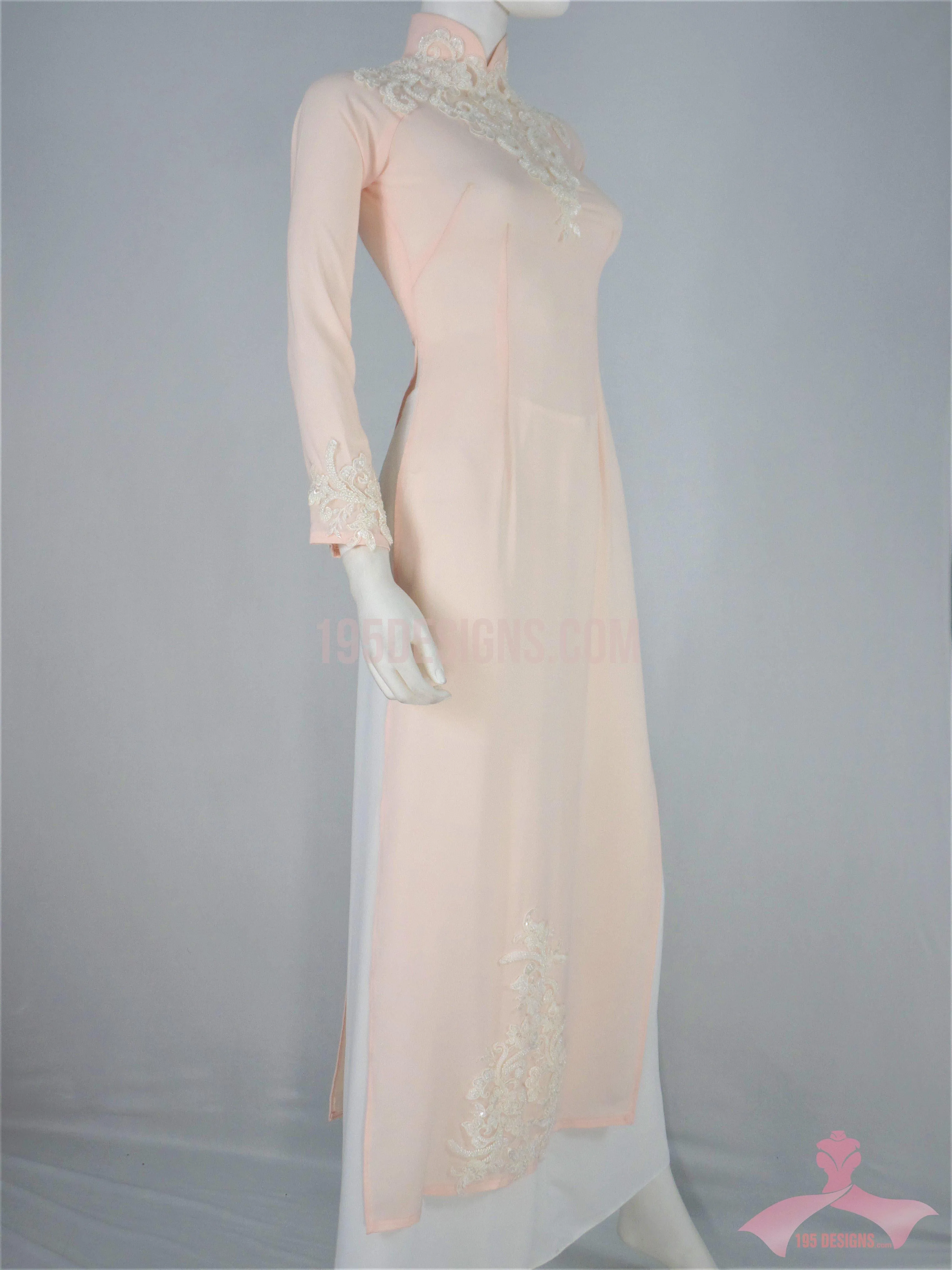Áo Dài Chiffon hồng phấn kết đá | Light Pink Ao Dai Vietnamese Traditional Long Dress