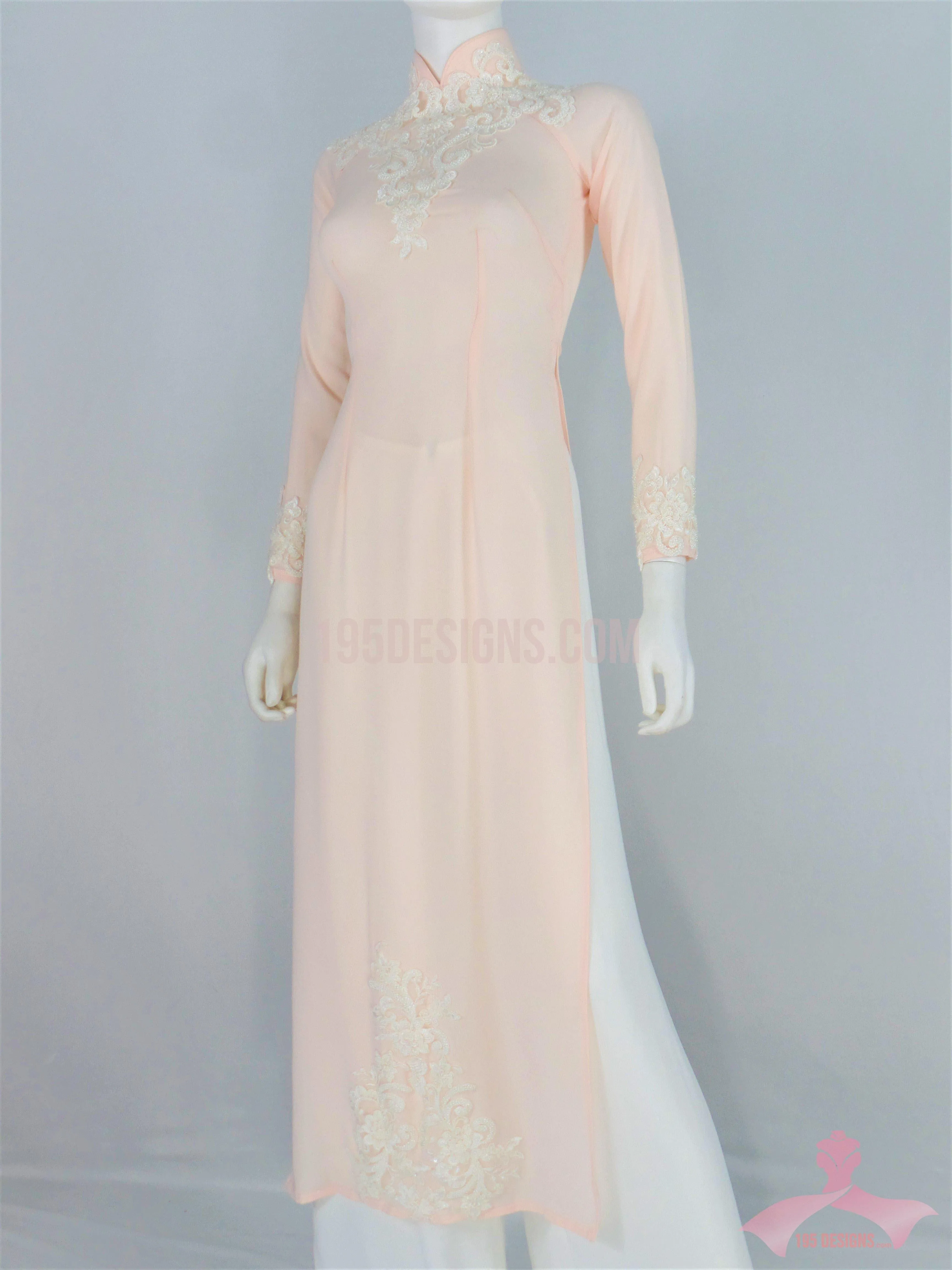 Áo Dài Chiffon hồng phấn kết đá | Light Pink Ao Dai Vietnamese Traditional Long Dress