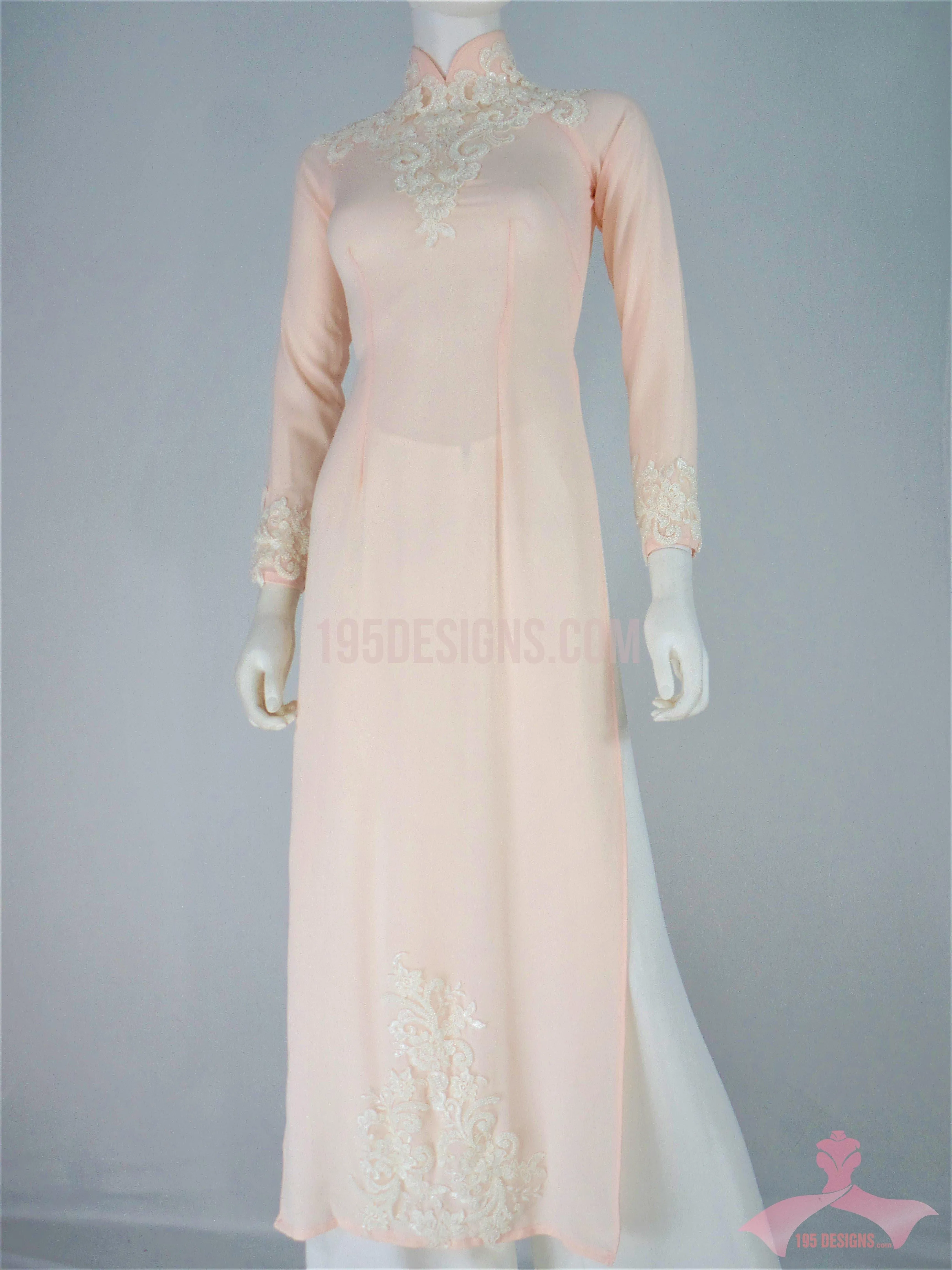 Áo Dài Chiffon hồng phấn kết đá | Light Pink Ao Dai Vietnamese Traditional Long Dress