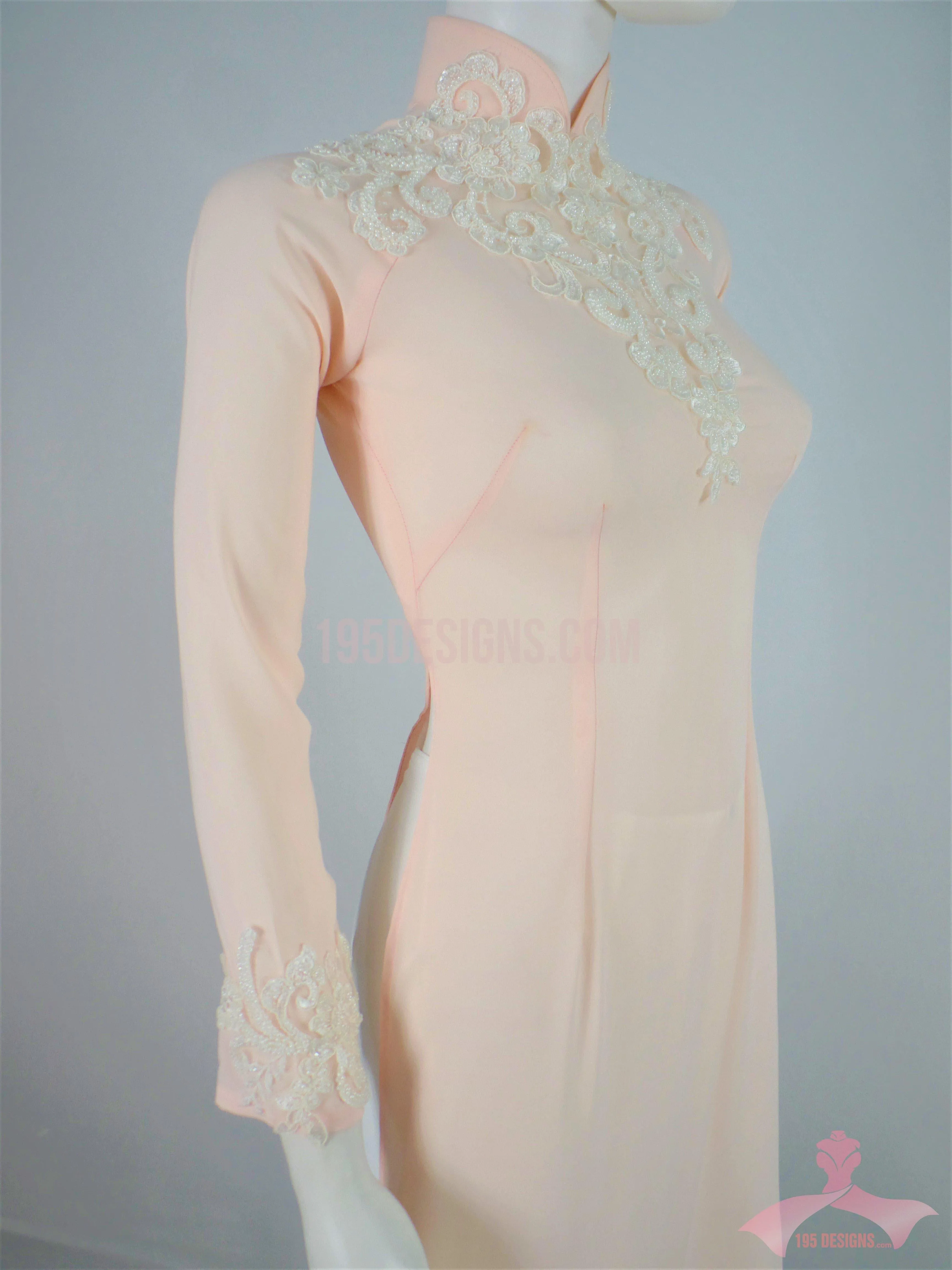 Áo Dài Chiffon hồng phấn kết đá | Light Pink Ao Dai Vietnamese Traditional Long Dress