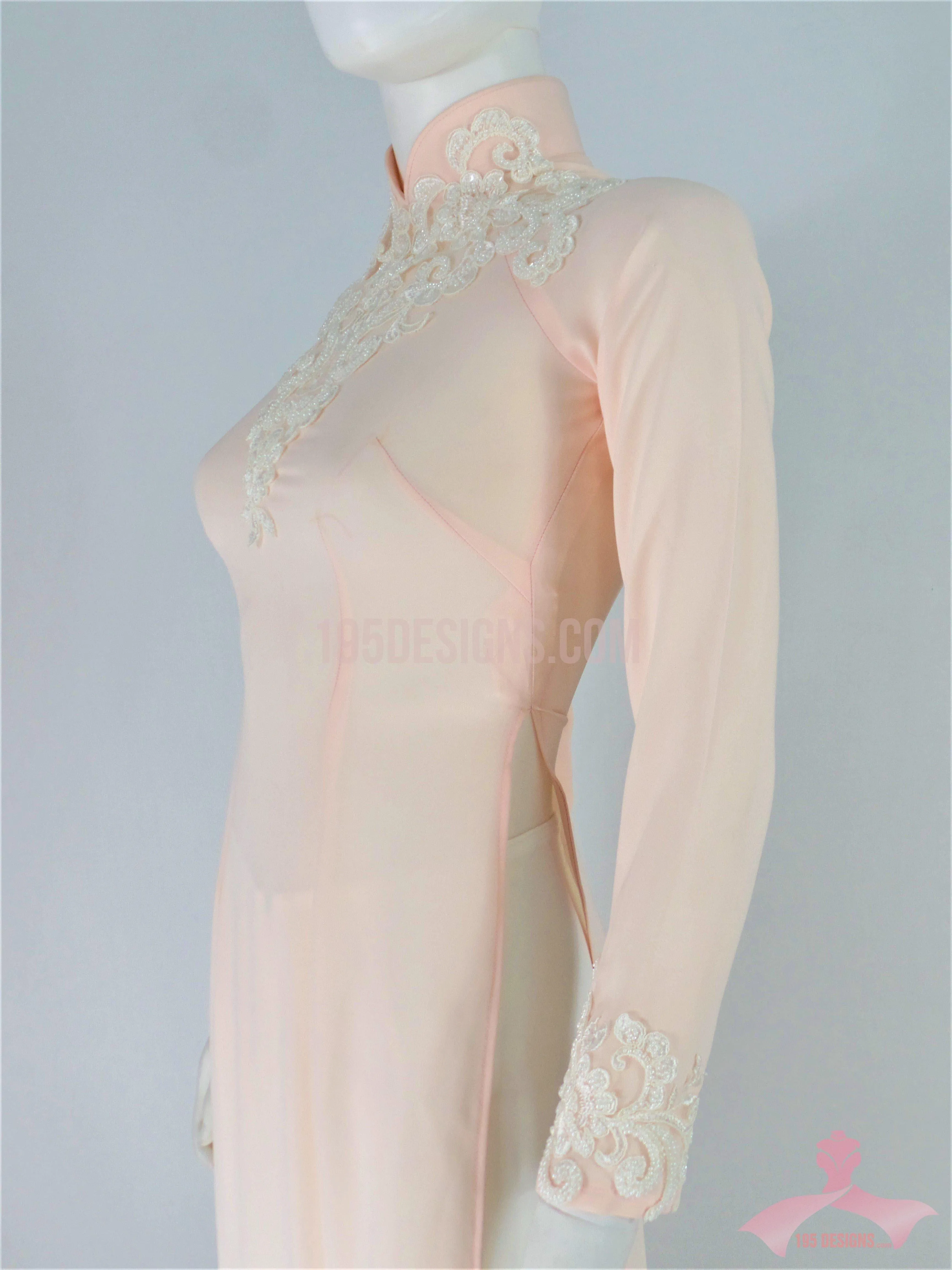 Áo Dài Chiffon hồng phấn kết đá | Light Pink Ao Dai Vietnamese Traditional Long Dress