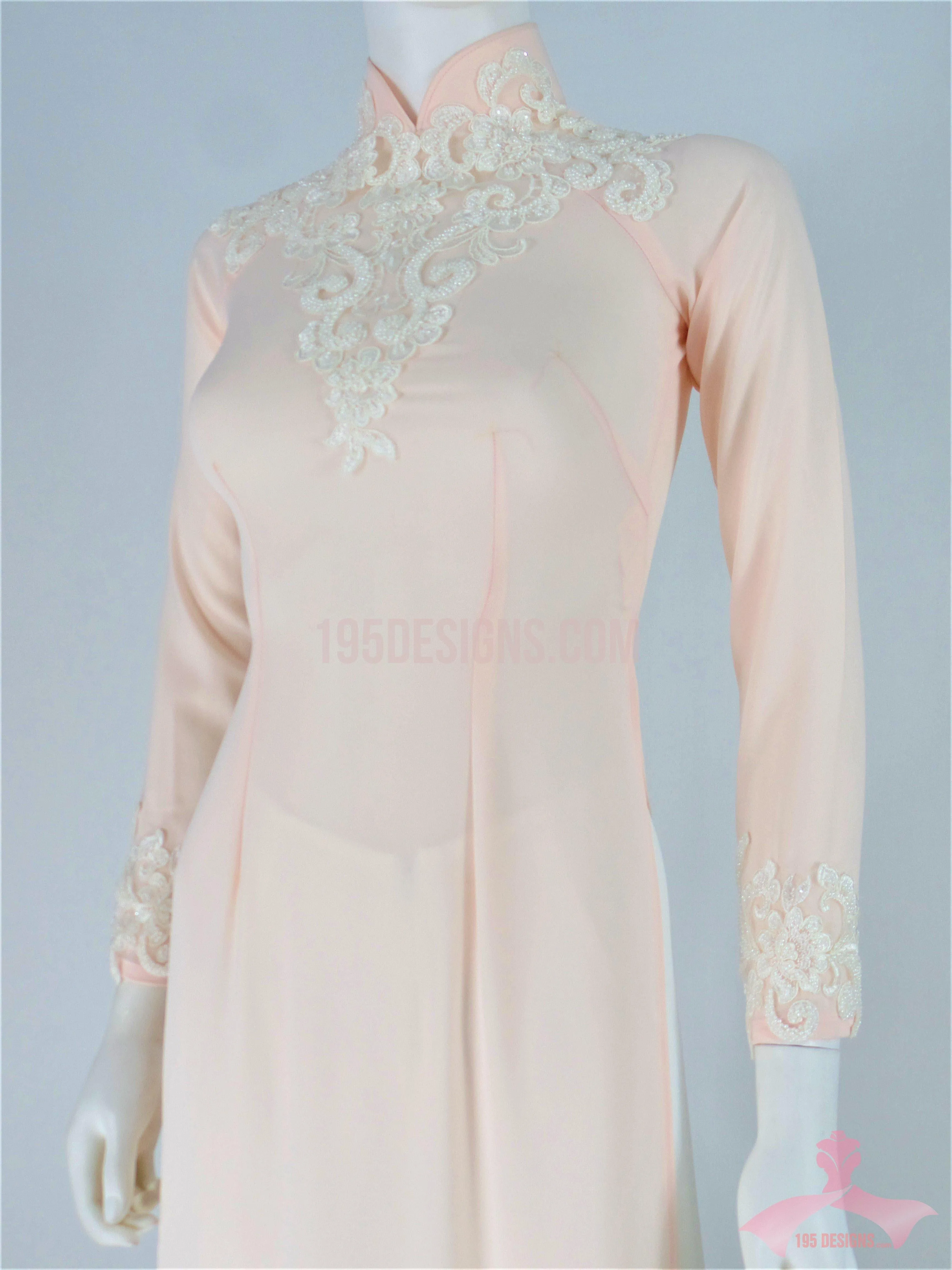 Áo Dài Chiffon hồng phấn kết đá | Light Pink Ao Dai Vietnamese Traditional Long Dress