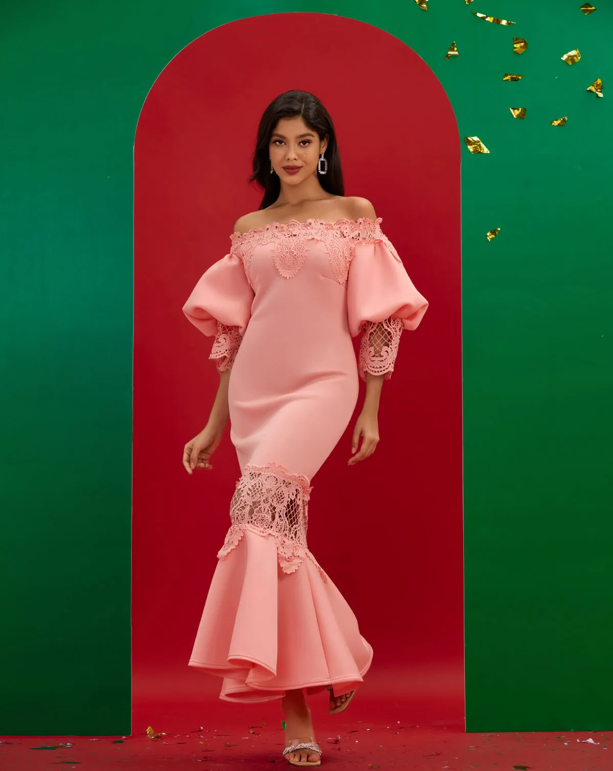 Off Shoulder Puff Sleeve Lace Fishtail Dress