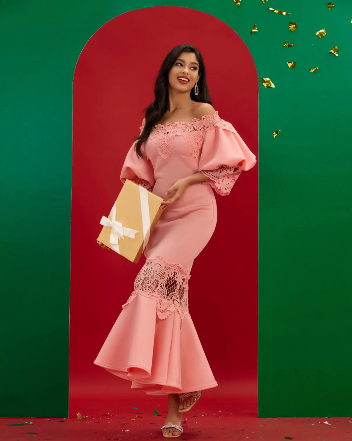 Off Shoulder Puff Sleeve Lace Fishtail Dress