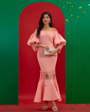 Off Shoulder Puff Sleeve Lace Fishtail Dress