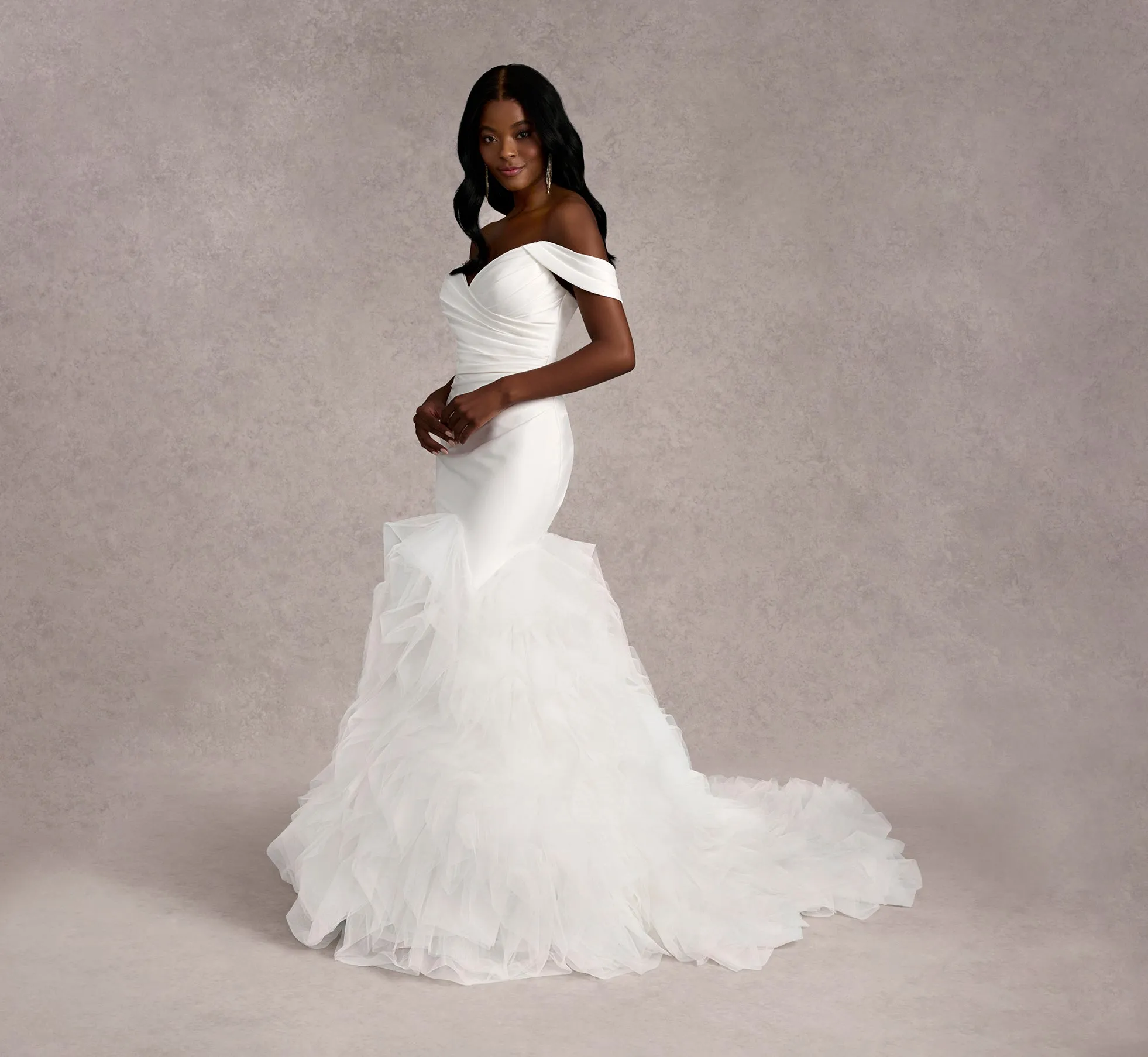 Off-The-Shoulder Draped Mermaid Gown In Ivory/Ivory In Ivory Ivory