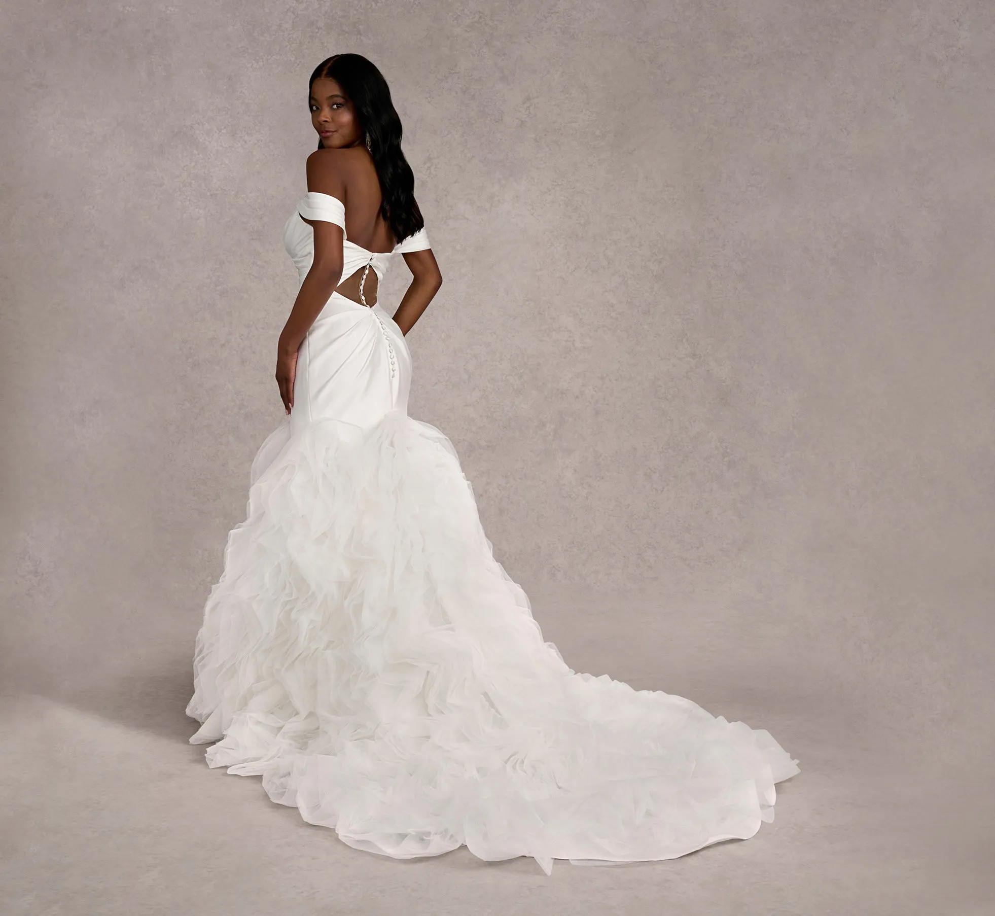 Off-The-Shoulder Draped Mermaid Gown In Ivory/Ivory In Ivory Ivory