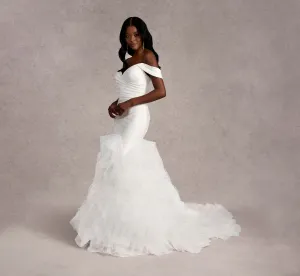 Off-The-Shoulder Draped Mermaid Gown In Ivory/Ivory In Ivory Ivory