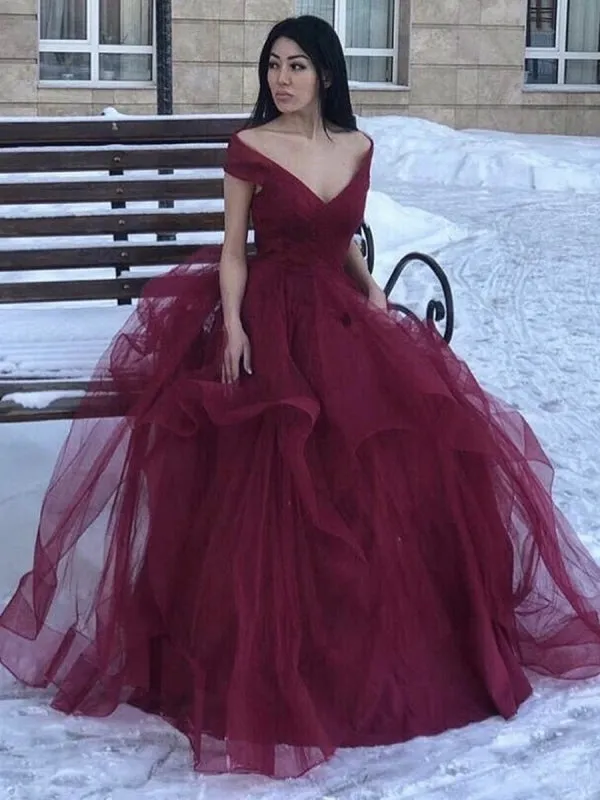 Off the Shoulder V Neck Burgundy Long Prom 2020, Off Shoulder Burgundy Formal, Fluffy Burgundy Evening