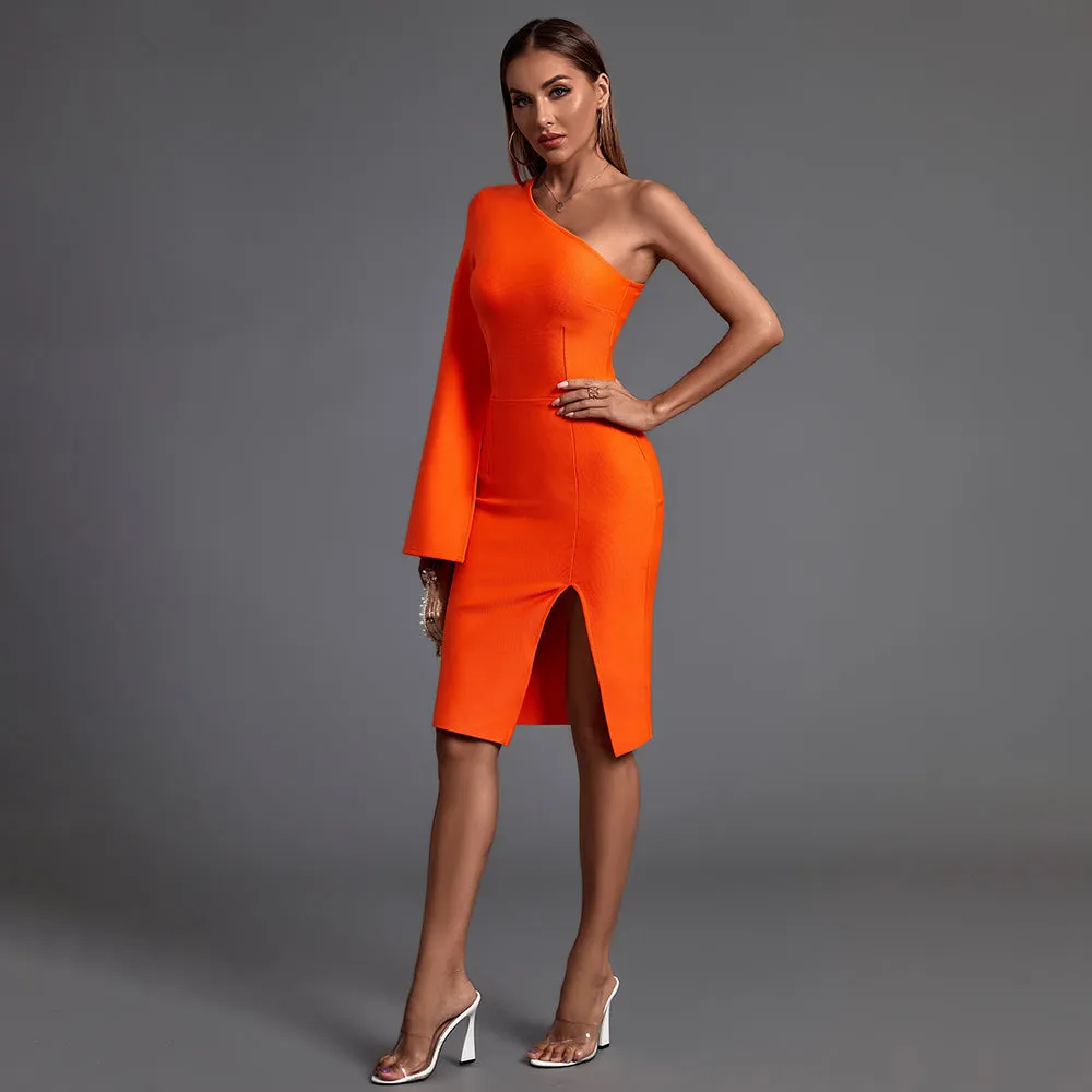 One Shoulder Asymmetrical Midi Bandage Dress