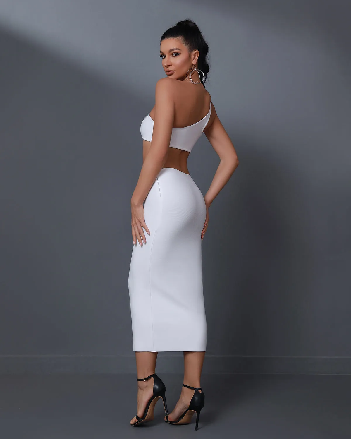 One Shoulder Cutout Midi Bandage Dress