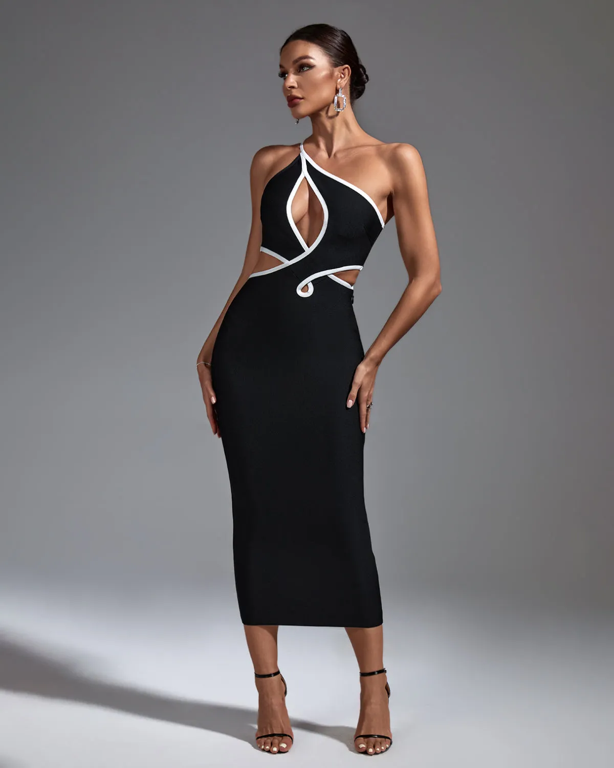 One Shoulder Cutout Midi Bandage Dress