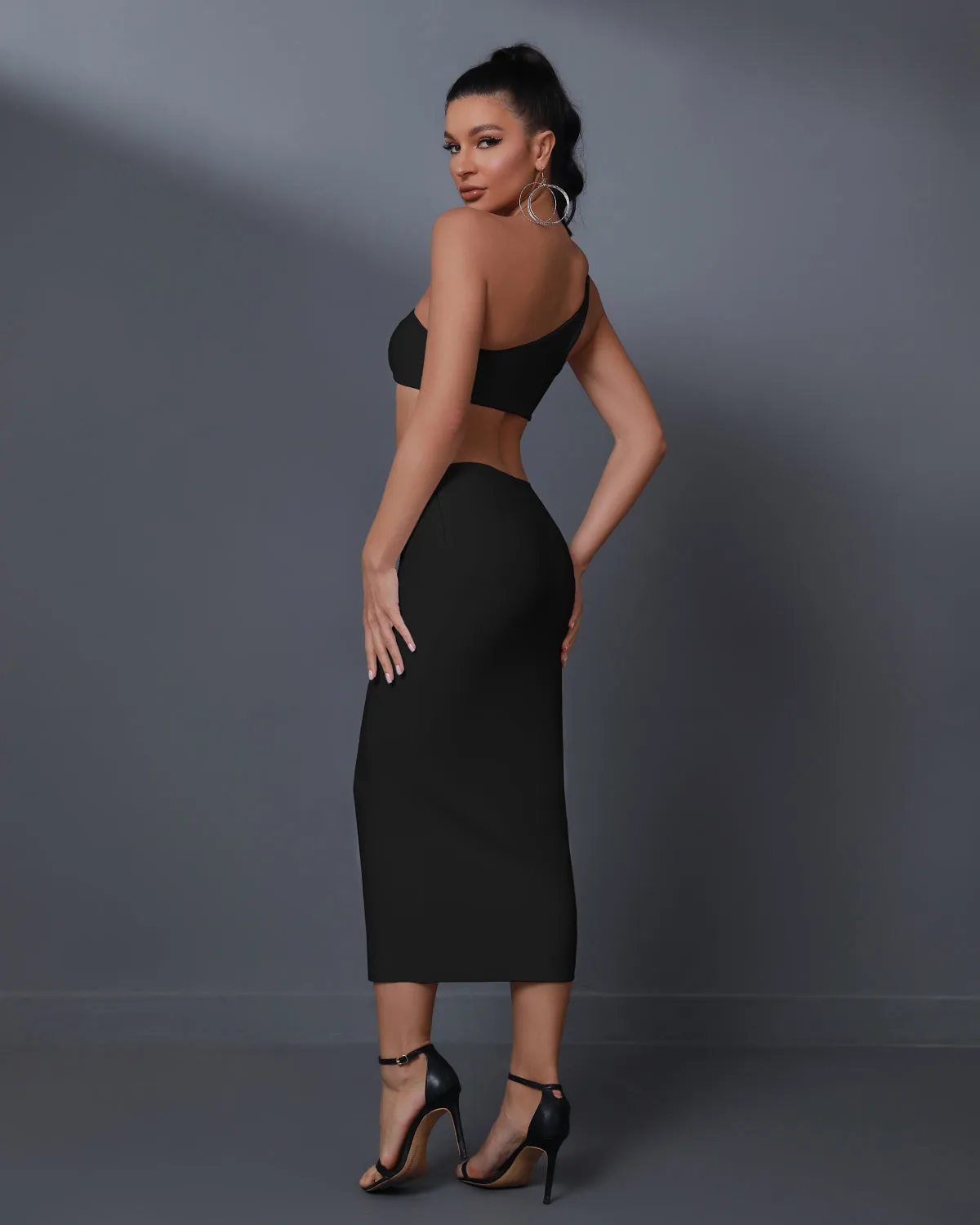 One Shoulder Cutout Midi Bandage Dress