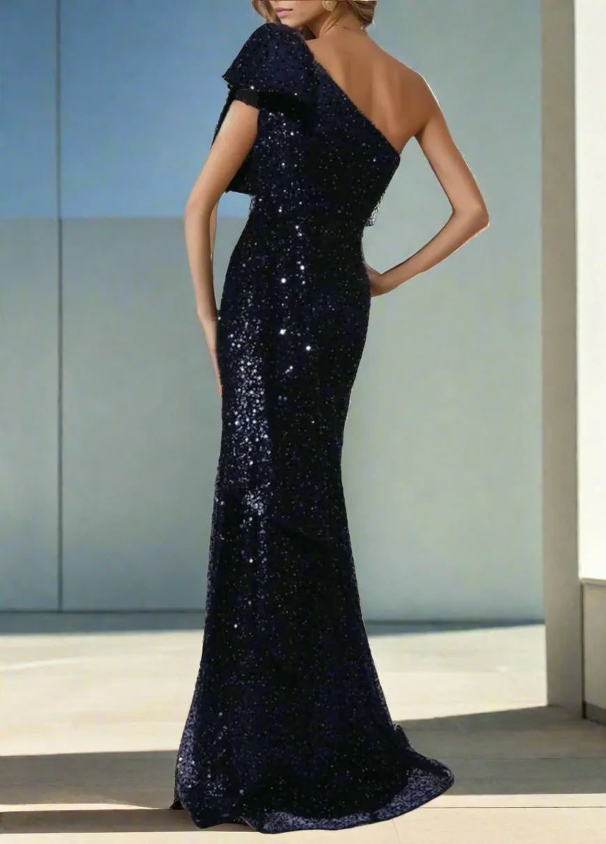 One Shoulder Dark Navy Mermaid Sleeveless Party Dresses with Bowknot