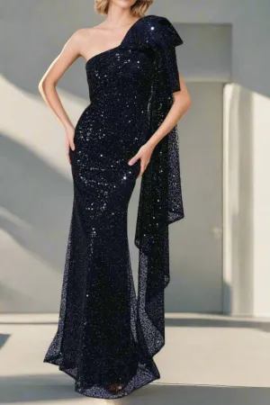 One Shoulder Dark Navy Mermaid Sleeveless Party Dresses with Bowknot