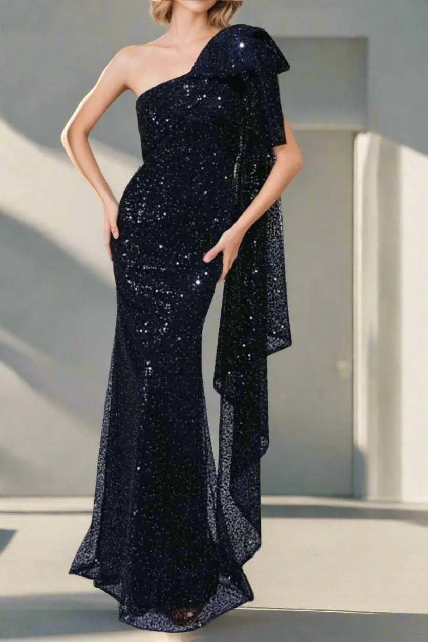 One Shoulder Dark Navy Mermaid Sleeveless Party Dresses with Bowknot