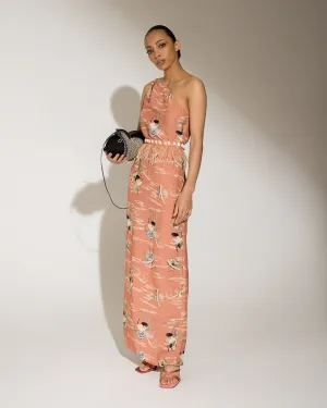 One Shoulder Dress with Feathered Belt