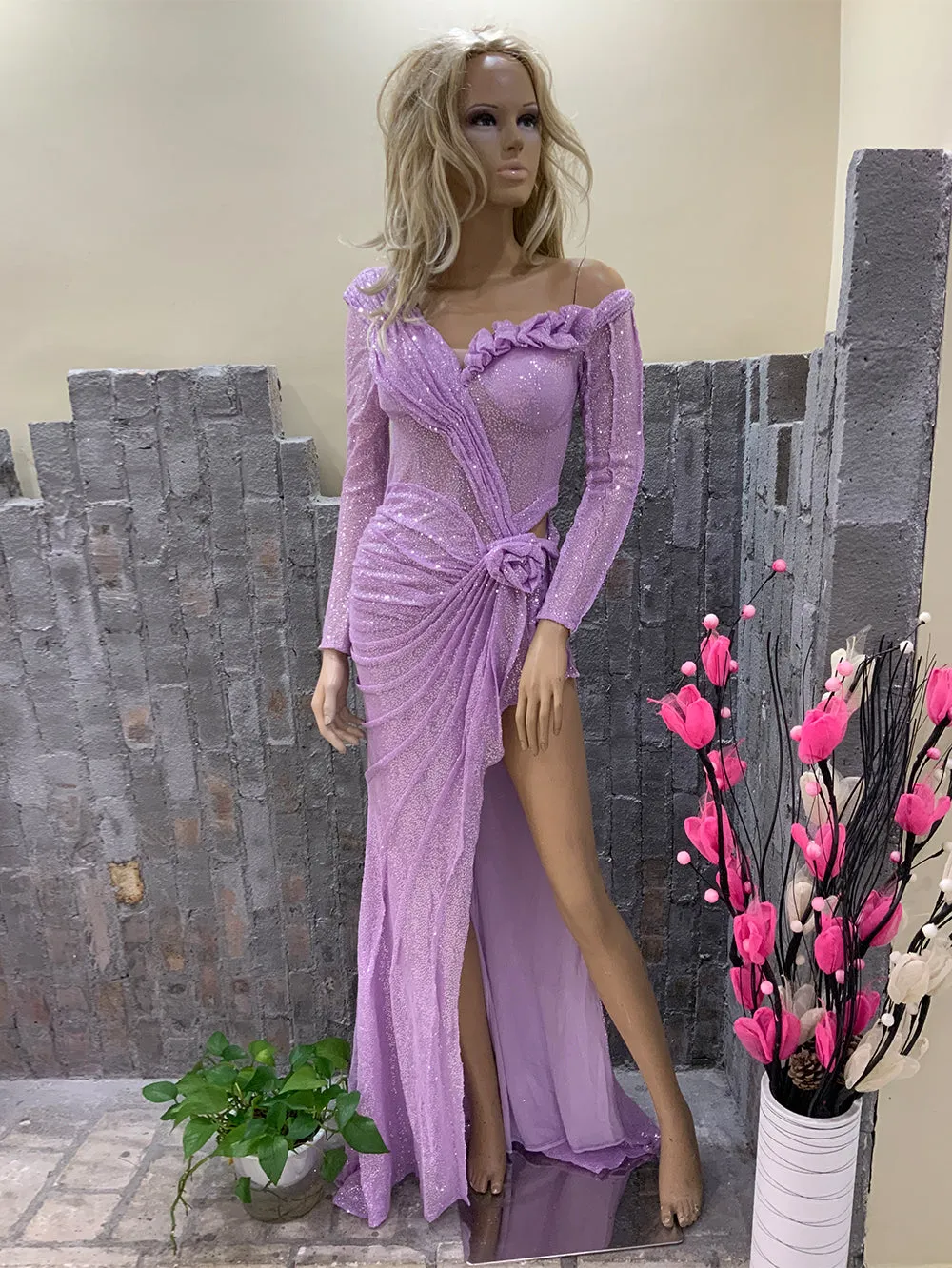 One Shoulder Long Sleeve Sequins Maxi Bodycon Dress HT1229