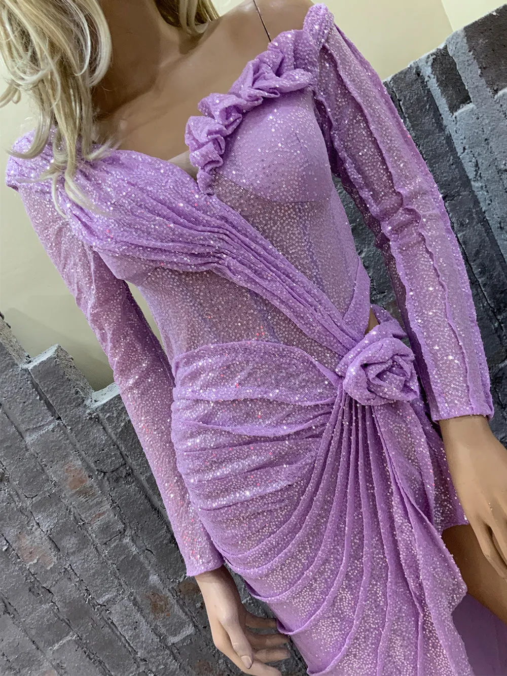 One Shoulder Long Sleeve Sequins Maxi Bodycon Dress HT1229