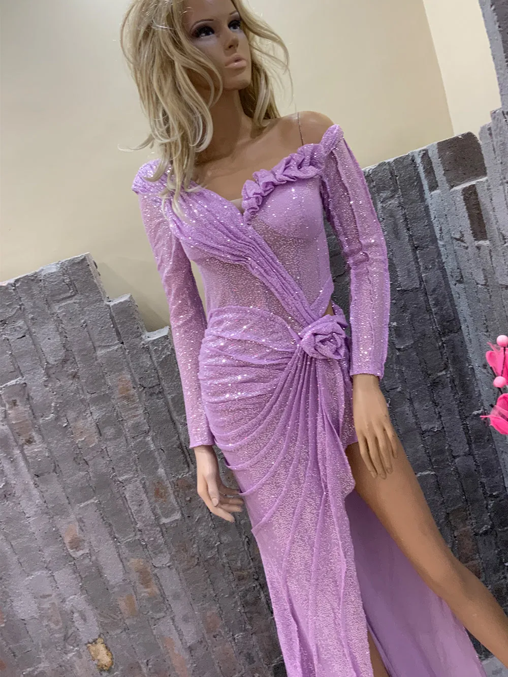 One Shoulder Long Sleeve Sequins Maxi Bodycon Dress HT1229