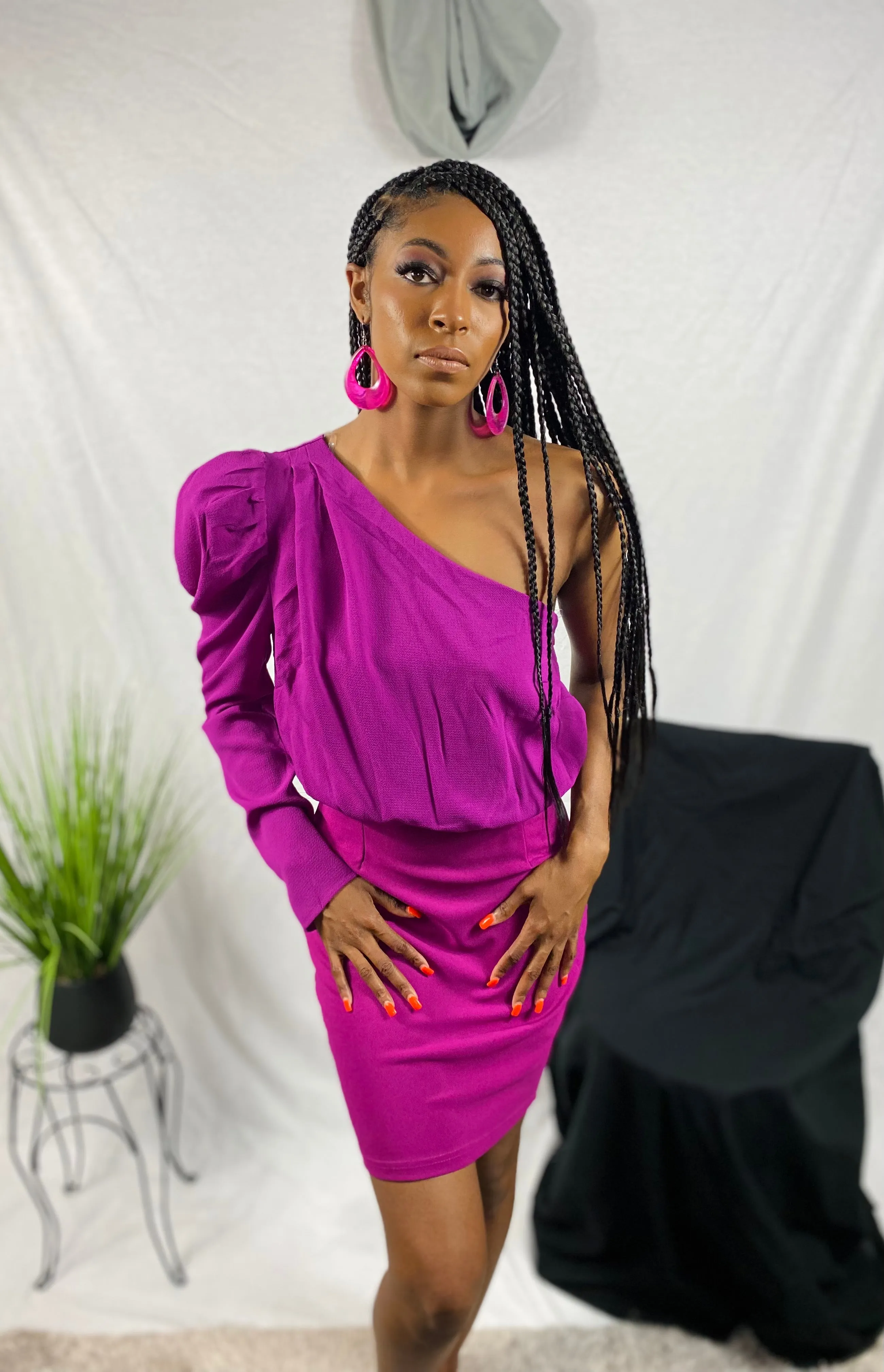 One Shoulder Pink Long-sleeve Dress