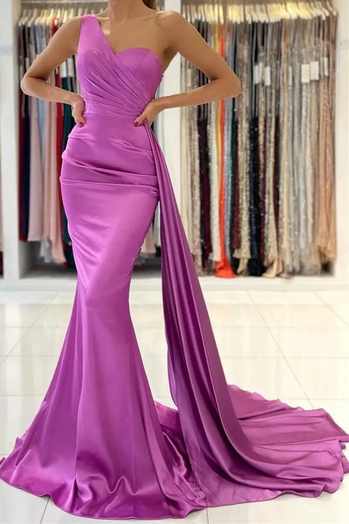 One Shoulder Purple Satin Mermaid Prom Dresses, Evening Dress CMS211139