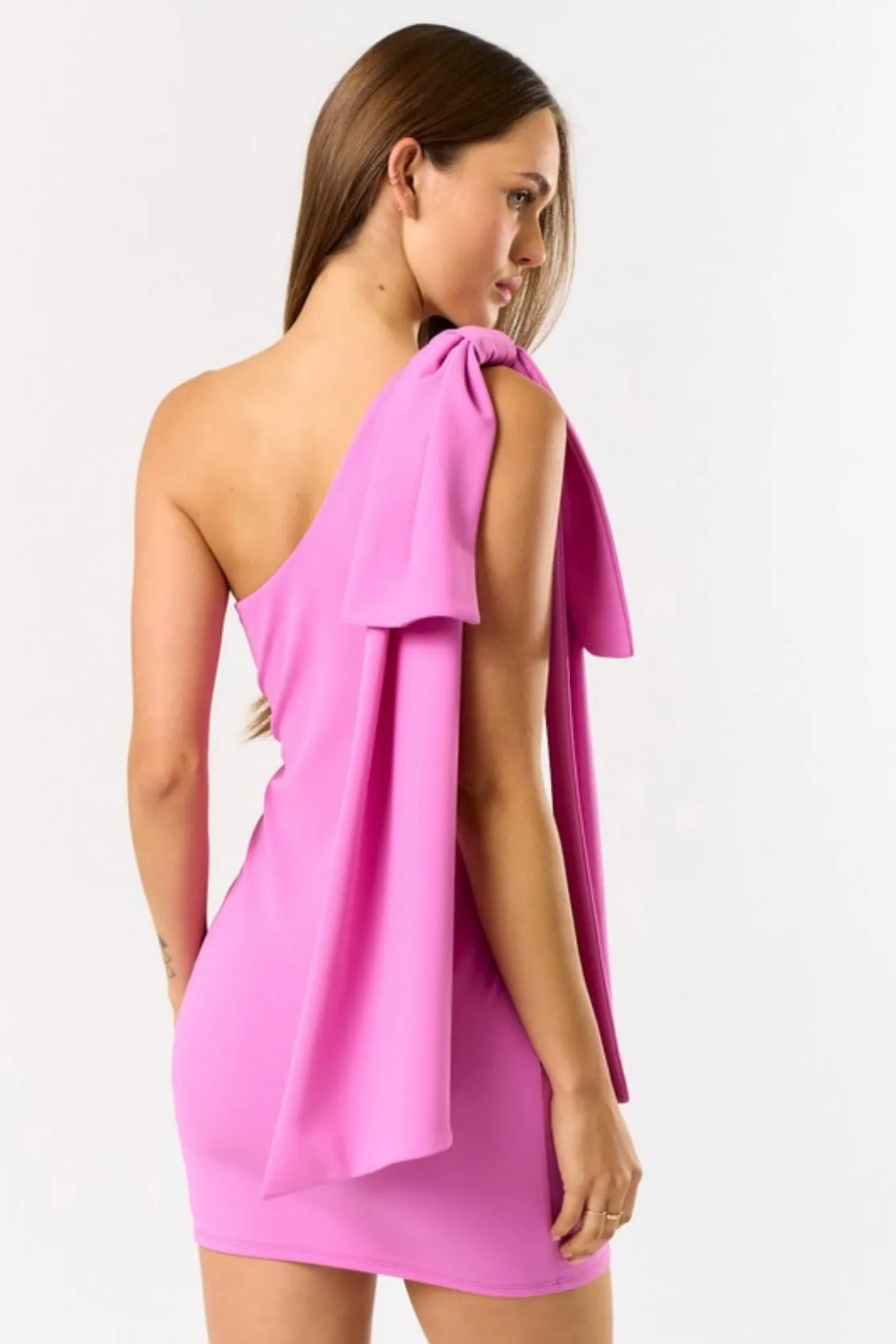 One Shoulder Ribbon Dress- Rose