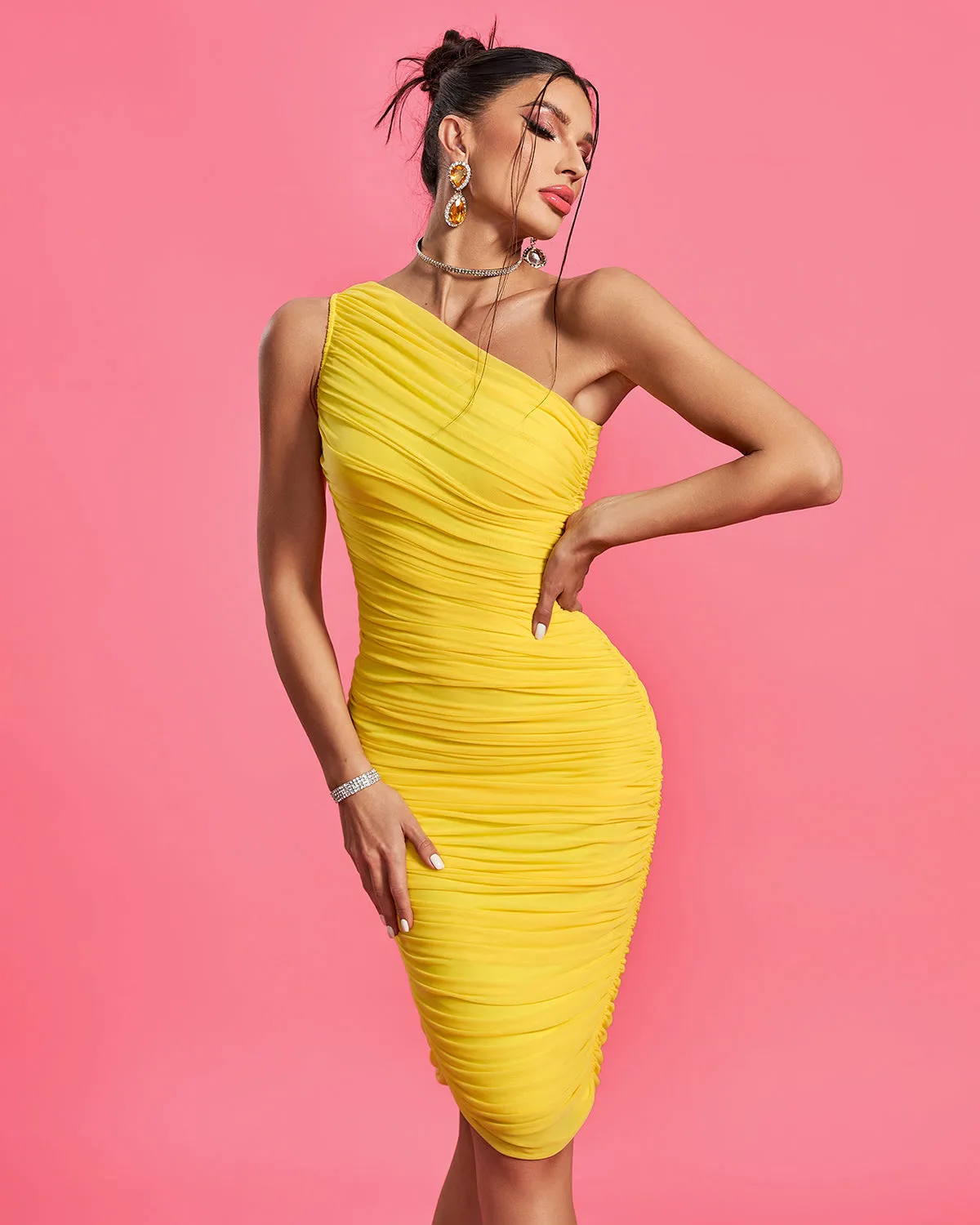 One Shoulder Ruched Mesh Dress