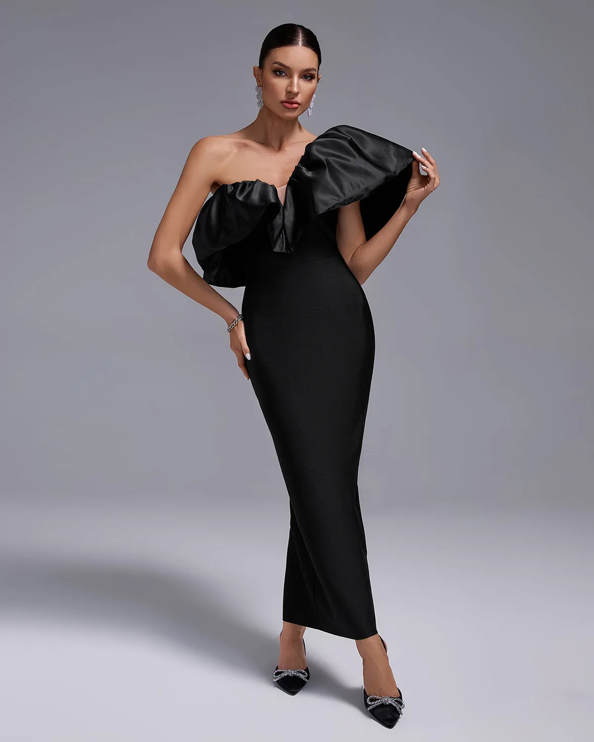 One Shoulder Ruffle Bandage Long Dress