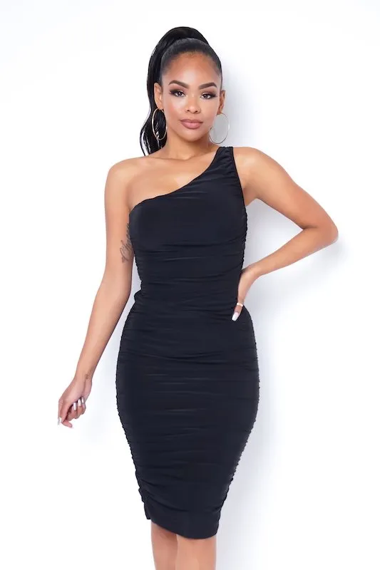 One Shoulder Shirred  Dress