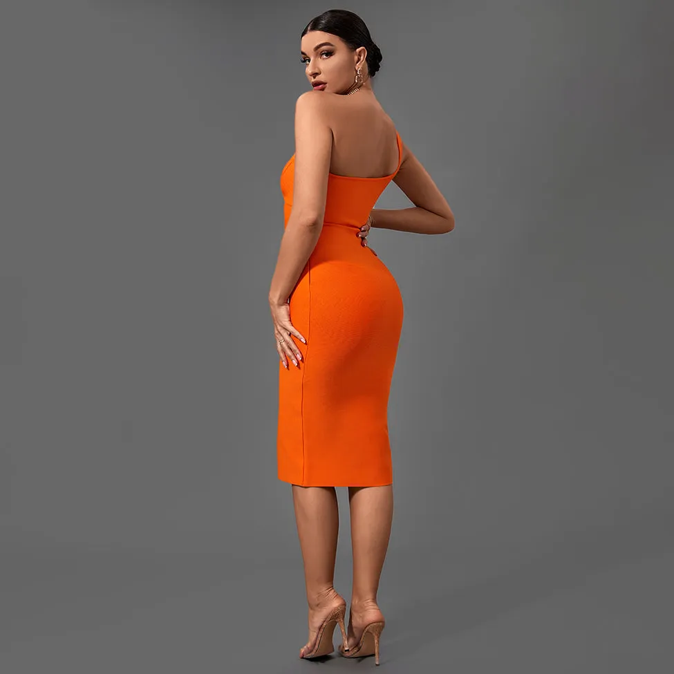 One Shoulder Sleeveless Asymmetrical Midi Bandage Dress