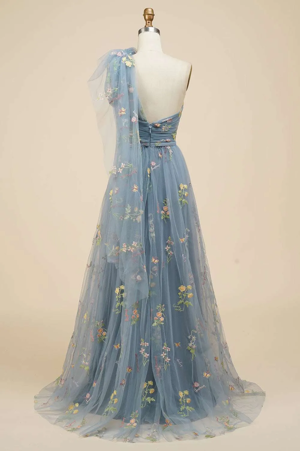 One-Shoulder Smokey Blue Embroidery Tulle Prom Dress
