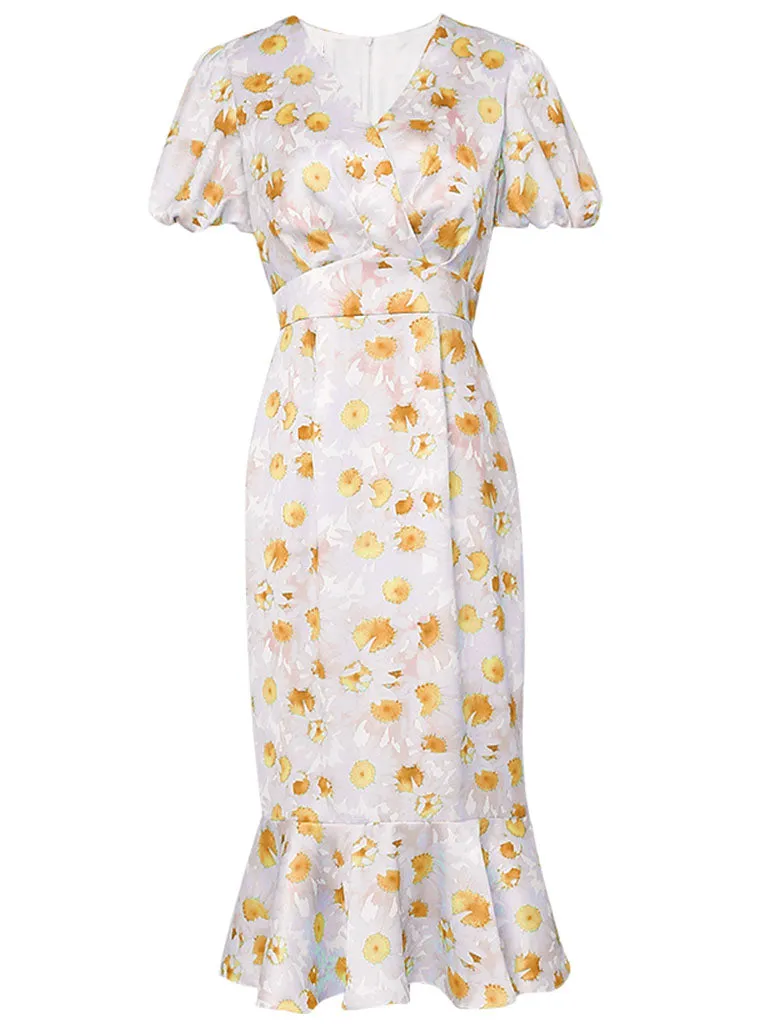 Orange V Neck Puff Sleeve Princess Mermaid 1960S Dress