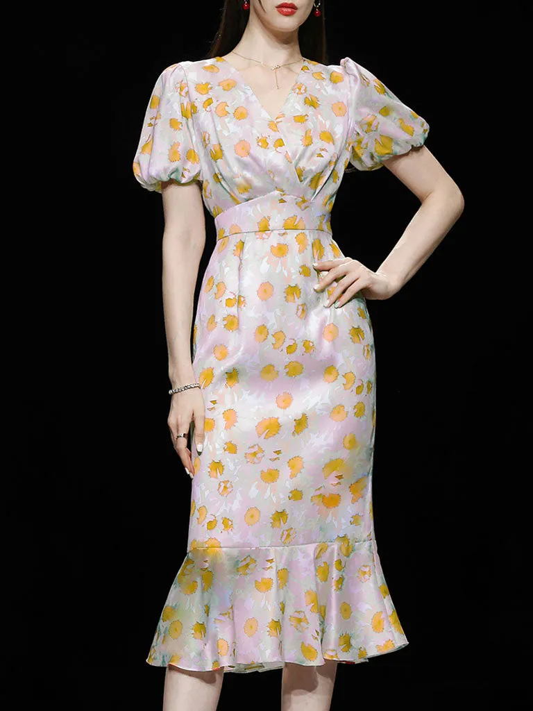 Orange V Neck Puff Sleeve Princess Mermaid 1960S Dress