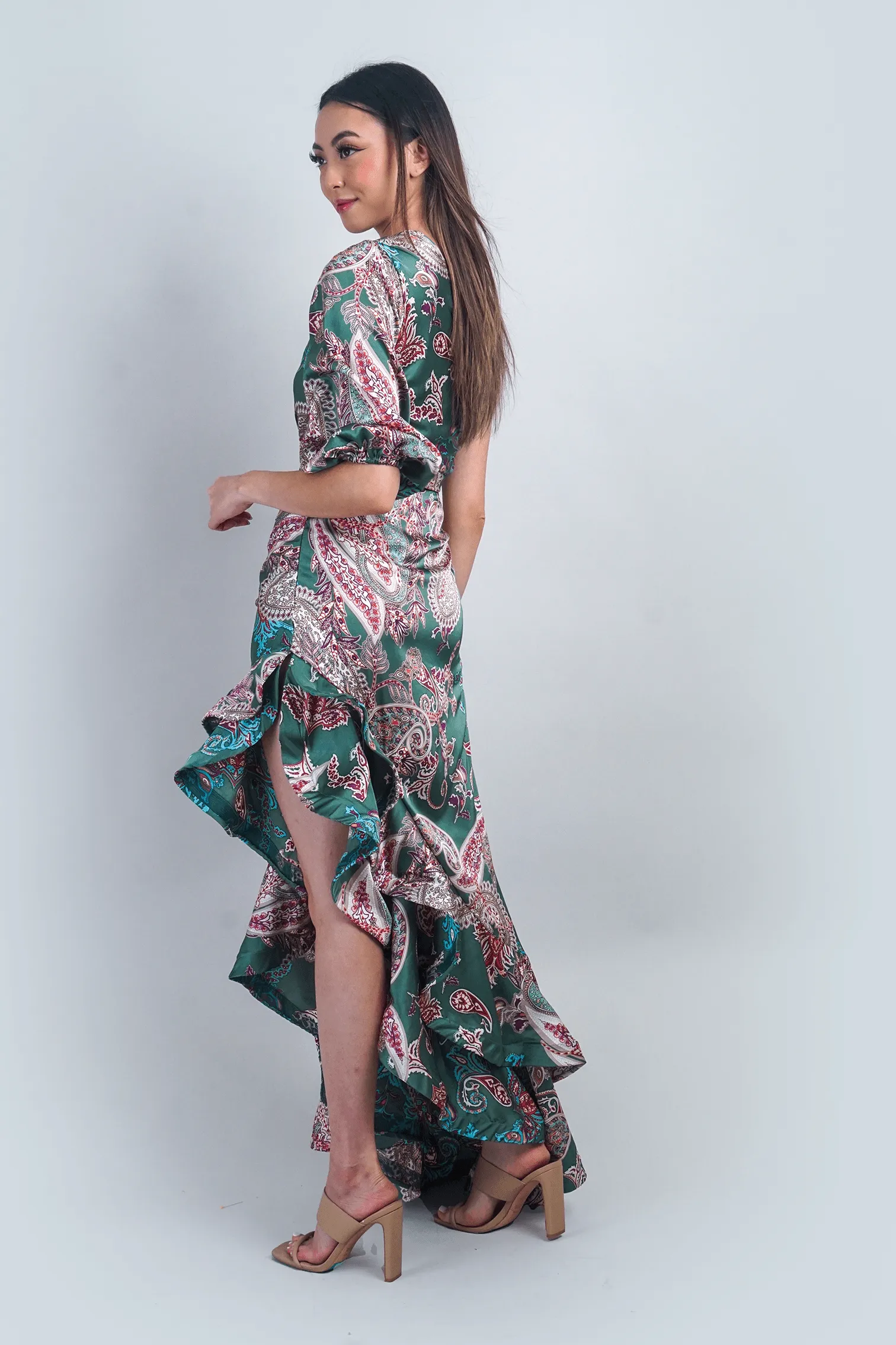 Paisley One Shoulder Ruffle Maxi Dress