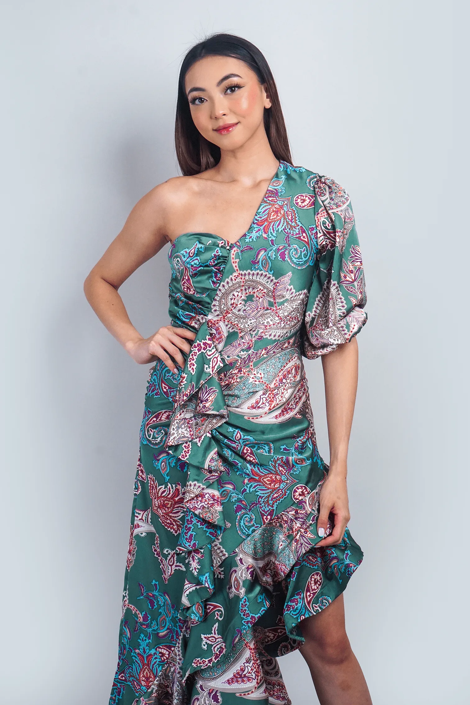 Paisley One Shoulder Ruffle Maxi Dress