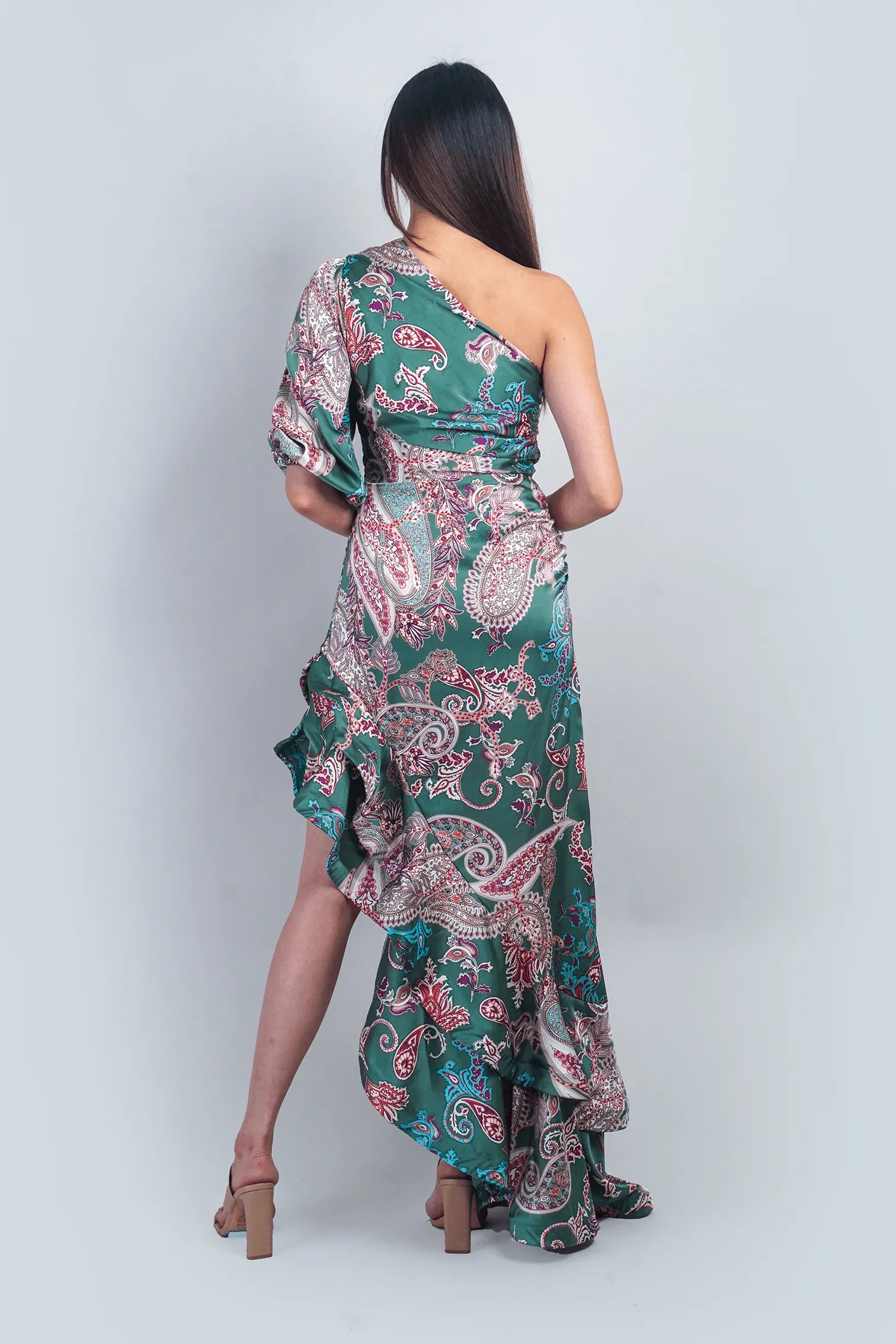 Paisley One Shoulder Ruffle Maxi Dress