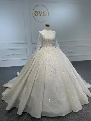 PD001- BYG SHINY BEADING LACE BALL GOWN WITH LONG SLEEVES
